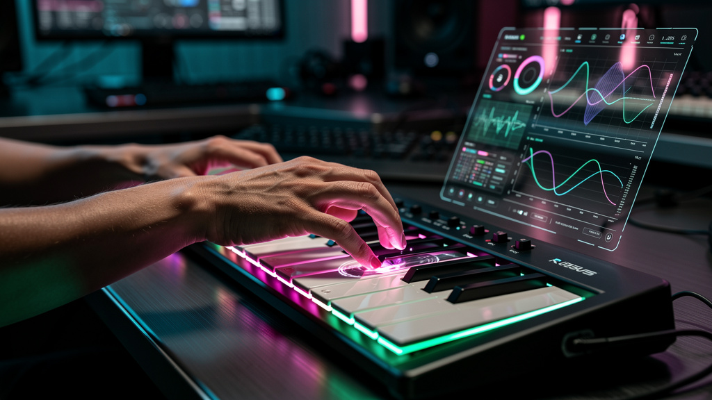 Case Toolzz: Inovação em Treinamento Musical em 2026 — Um close-up das mãos de um estudante tocando um piano virtual projetado por um holograma. As teclas se iluminam em resposta ao toque, e a interfa