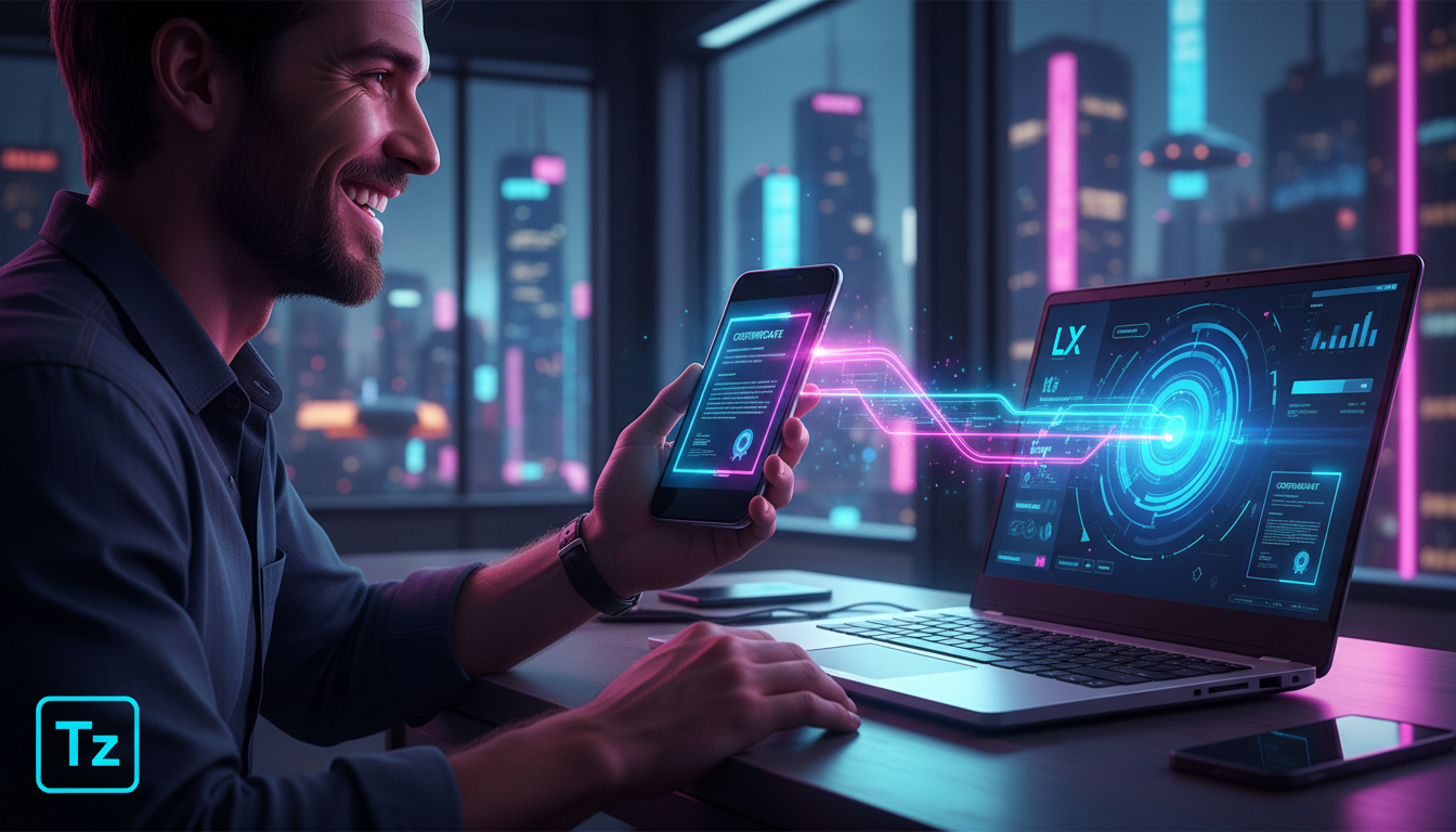 Certificados Automáticos: O Guia Completo para sua EAD — Ilustração minimalista mostrando um certificado digital sendo emitido instantaneamente de um laptop com a interface da Toolzz. Uma linha de con