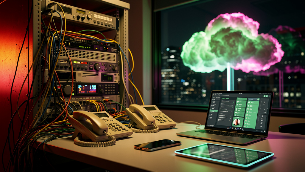 Chamada de Voz Online: O Futuro do Atendimento e Vendas — Um diagrama visual que compara a infraestrutura de telefonia tradicional (PBX) com a solução VoIP baseada em nuvem. A infraestrutura tradicion