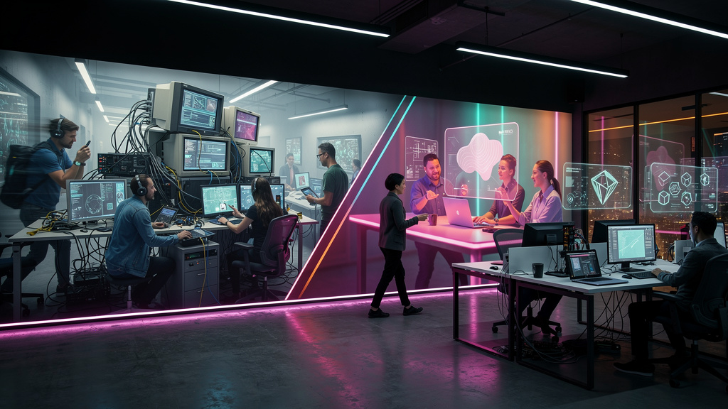 Chamados de TI: Como a IA Transforma o Suporte — Um mural artístico em um escritório de TI mostrando uma ilustração que compara o fluxo de trabalho tradicional (caótico, com fios emaranhados e pessoas