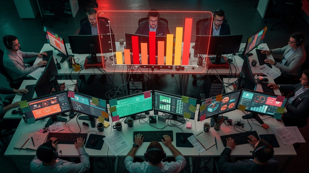 Chamados de TI: Como Otimizar com IA e Automação — Um escritório movimentado de suporte de TI visto de cima, com vários funcionários trabalhando em seus computadores. A cena está caótica, com papéis e