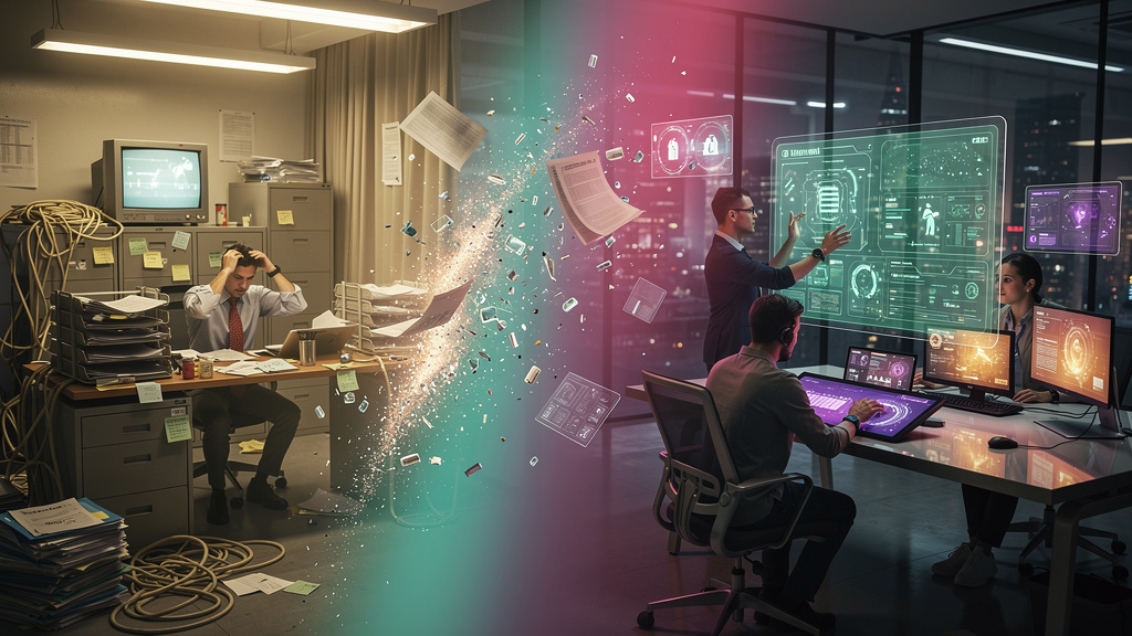 Chamados de TI: Como Otimizar com Inteligência Artificial — Uma linha do tempo que ilustra a evolução do gerenciamento de chamados de TI. À esquerda, um escritório antigo com pilhas de papel e um técn