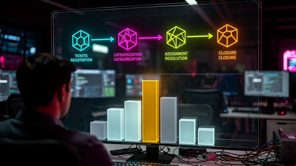 Chamados de TI: Como Otimizar e Resolver Rapidamente — Um diagrama infográfico em duas partes. Parte superior: Fluxograma mostrando o processo de chamados de TI desde o registro até o feedback, com íc