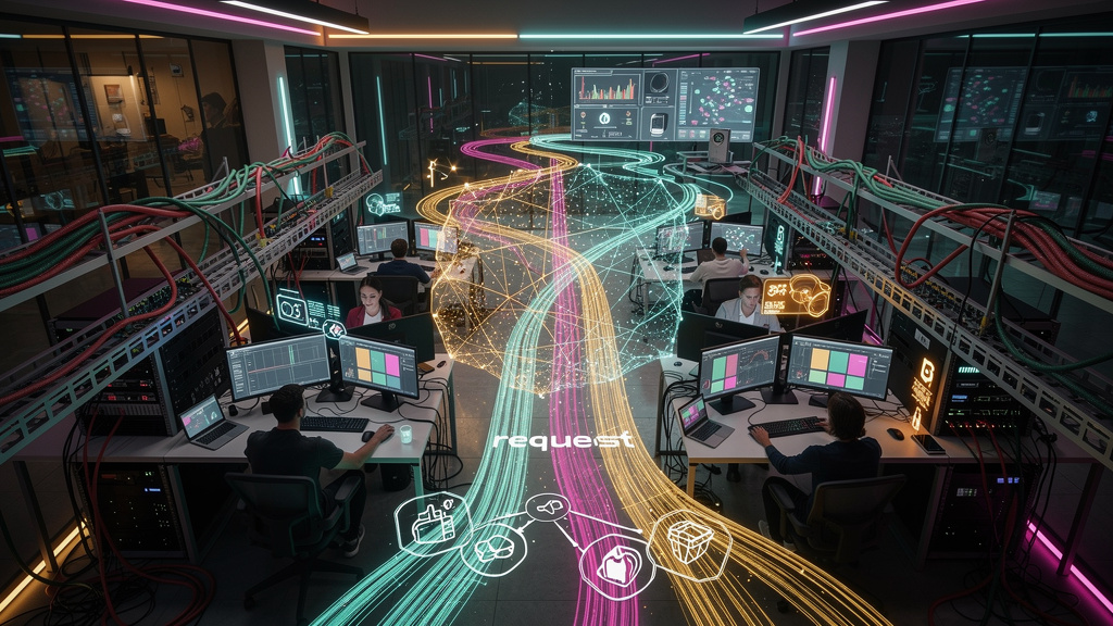 Chamados de TI: Como Otimizar e Usar a IA a Seu Favor — Um escritório movimentado de TI visto de cima, com cabos coloridos conectando vários dispositivos. Um diagrama elegante mostra o fluxo de chamad