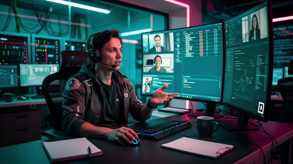 Chamados de TI: Como Otimizar o Atendimento e a Produtividade — Um técnico de TI em seu escritório, cercado por telas e equipamentos, gesticulando enquanto explica uma solução para um colega através d