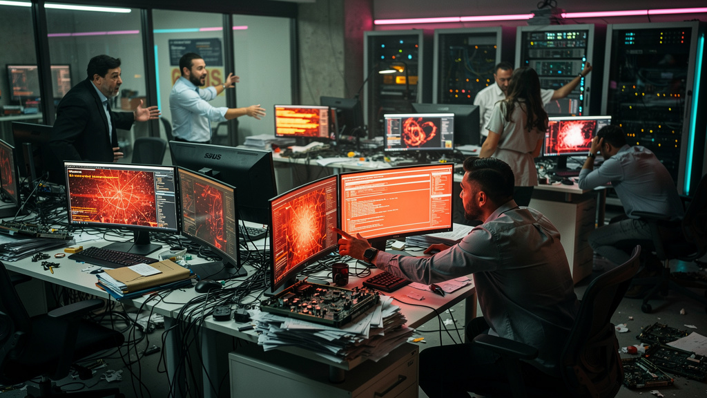 Chamados de TI: Como Otimizar o Suporte com IA — Um escritório caótico, com pilhas de papéis e telas piscando mensagens de erro. Vários funcionários parecem frustrados e sobrecarregados, gesticulando 