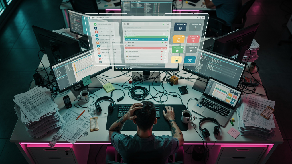 Chamados de TI: Como Otimizar o Suporte e Reduzir Custos — Visão aérea de uma mesa de escritório caótica com vários computadores, pilhas de papéis e um técnico de TI visivelmente estressado. Um balão