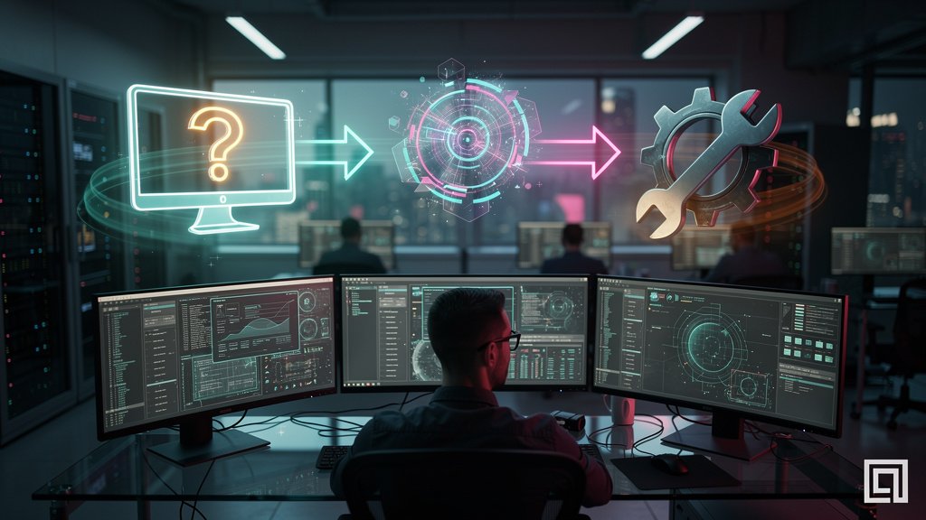 Chamados de TI: Guia Completo para Otimização e Eficiência — Um diagrama de fluxo visualmente atraente que ilustra o processo de um sistema de chamados de TI eficiente. O fluxo começa com um usuário r