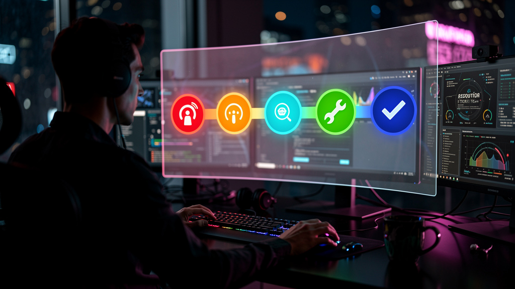 Chamados de TI: Guia Completo para Otimizar o Atendimento — Um diagrama de fluxo mostrando um chamado de TI desde a abertura até a resolução. O fluxo inclui etapas como 'Abertura do Chamado', 'Prioriz