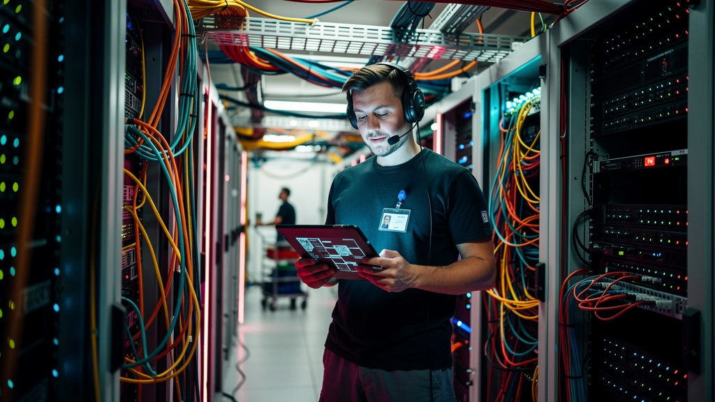 Chamados de TI: Guia Completo para uma Gestão Eficiente — Um técnico de TI em um data center barulhento, cercado por fileiras de servidores piscando, usando um tablet com o logo da Toolzz para diagnos