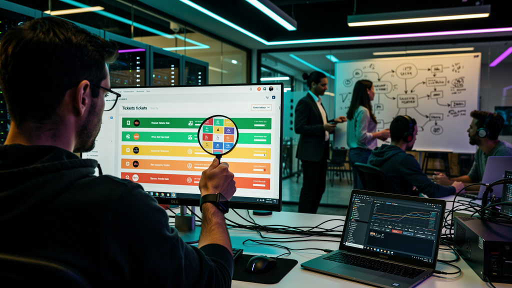 Chamados de TI: O Guia Completo para Otimizar o Suporte — Um escritório moderno com diversas pessoas trabalhando em seus computadores. No primeiro plano, uma tela de computador exibe um sistema de ger