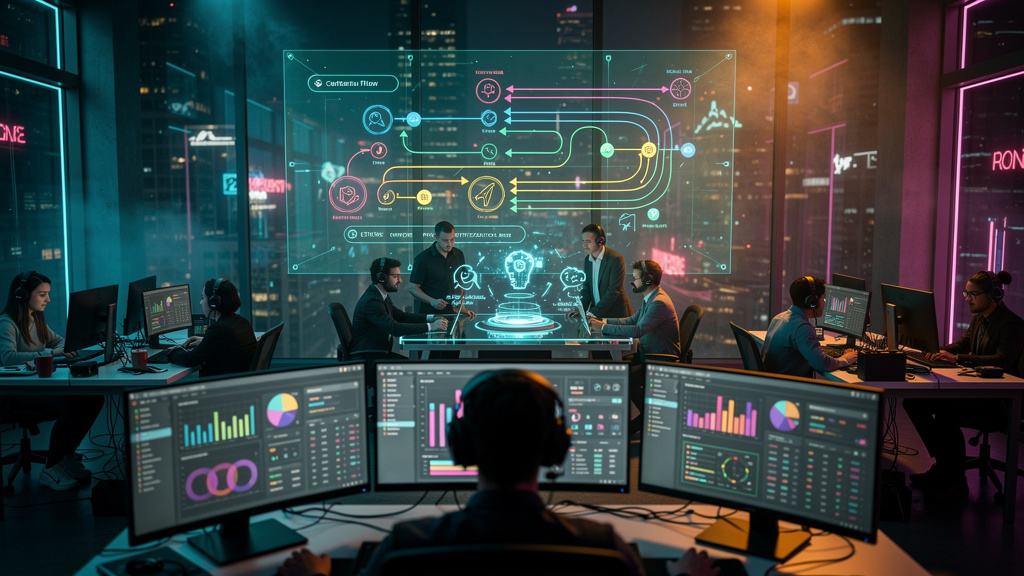 Chamados de TI: Otimização, Automação e Inteligência Artificial — Um escritório movimentado com vários funcionários trabalhando em seus computadores. No centro, um grande painel exibe um diagrama de f