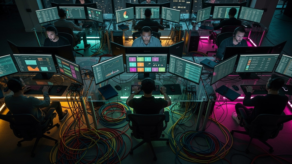 Chamados de TI: Otimização, Desafios e o Poder da IA — Um escritório movimentado de suporte de TI visto de cima, com vários técnicos atendendo chamados em seus computadores. Cabos e fios coloridos se 