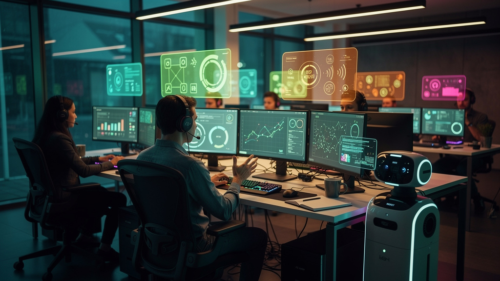 Chamados de TI: Otimização e Soluções com IA — Um call center movimentado, visto de um ângulo ligeiramente elevado. Vários agentes de TI atendem chamados, mas em vez de estarem sobrecarregados, eles p