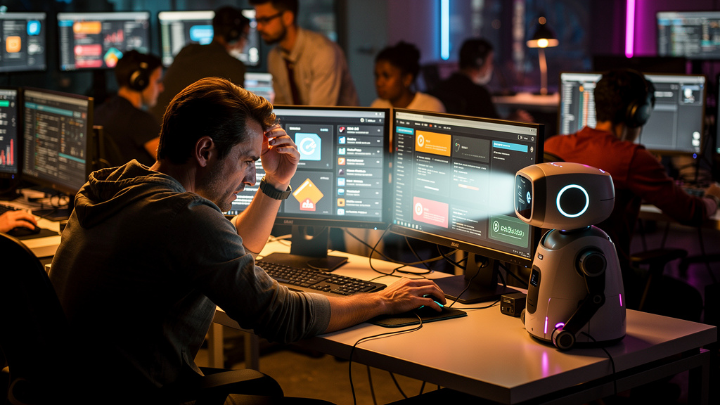 Chamados de TI: Otimize o Suporte com Agentes de IA 24/7 da Toolzz — Um escritório movimentado com vários funcionários de TI trabalhando em seus computadores. Em primeiro plano, um funcionário parece 