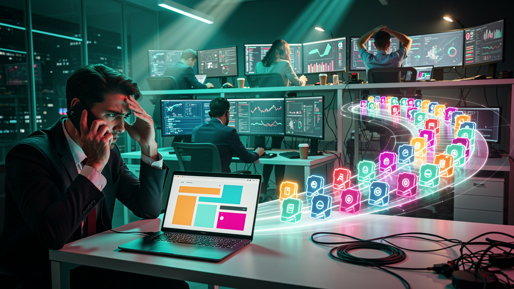 Chamados de TI: Otimize seu suporte com Agente de Suporte Toolzz 24/7 — Um diagrama de fluxo mostrando o processo tradicional de chamados de TI: um usuário frustrado tentando ligar para o suporte, lon