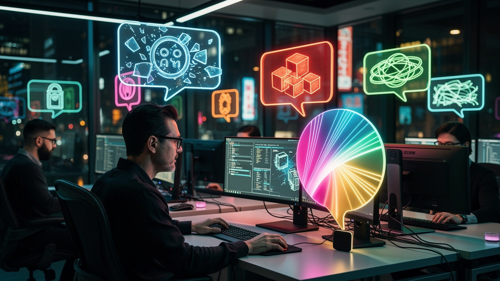 Chamados de TI: Otimize seu Suporte com Agente de Suporte Toolzz — Um escritório moderno com vários funcionários trabalhando em seus computadores. Balões de fala coloridos representando diferentes tip