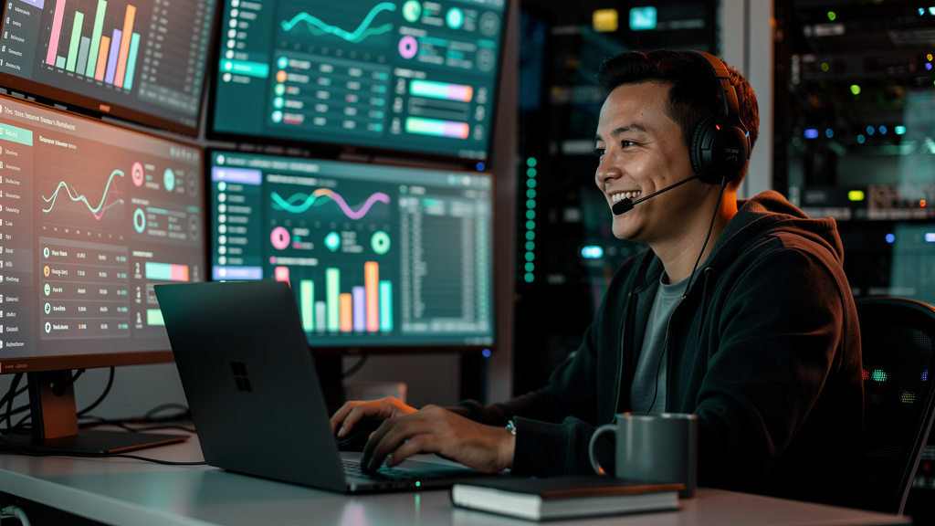 Chamados de TI: Otimize seu suporte com Agente de Suporte Toolzz — Um técnico de TI sorrindo, usando um headset e cercado por várias telas mostrando painéis de controle de chamados. As telas exibem gr