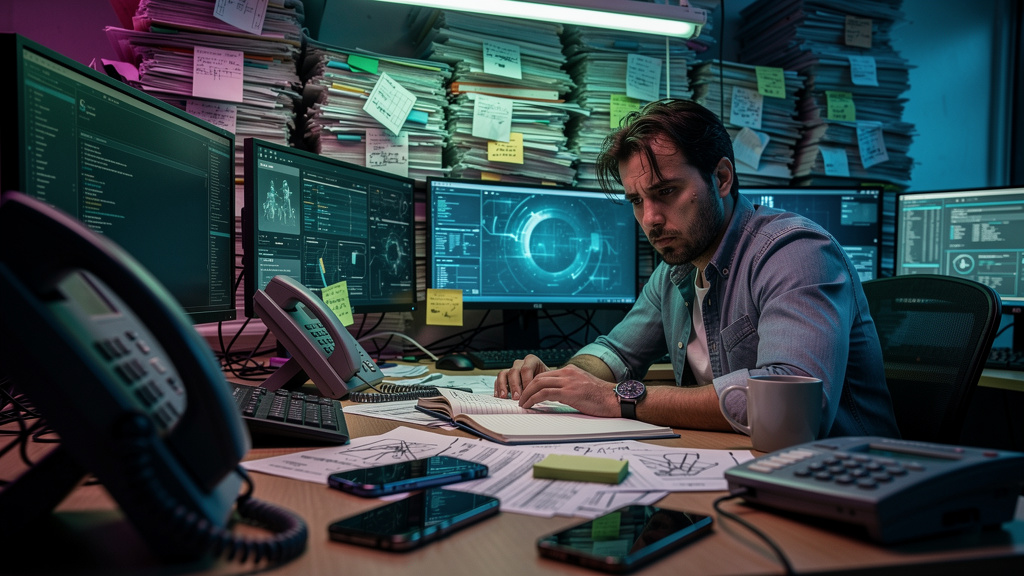 Chamados de TI: Otimize seu Suporte com Agentes de IA 24/7 — Um técnico de suporte de TI exausto, sentado em uma mesa cheia de papéis e com vários telefones tocando ao redor. Sua expressão é de frustr