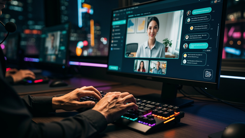 Chat ao Vivo com Vídeo: As Melhores Plataformas — Close-up das mãos de um agente de suporte digitando rapidamente em um teclado, com a tela de um monitor exibindo uma janela de chat ao vivo com vídeo.