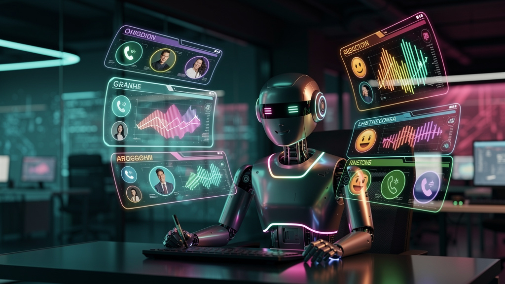 Chat com IA: O Guia Completo para Atendimento Inovador — Um atendente de telemarketing robótico, com design moderno e amigável, respondendo a várias chamadas simultaneamente. Balões de fala flutuam ao