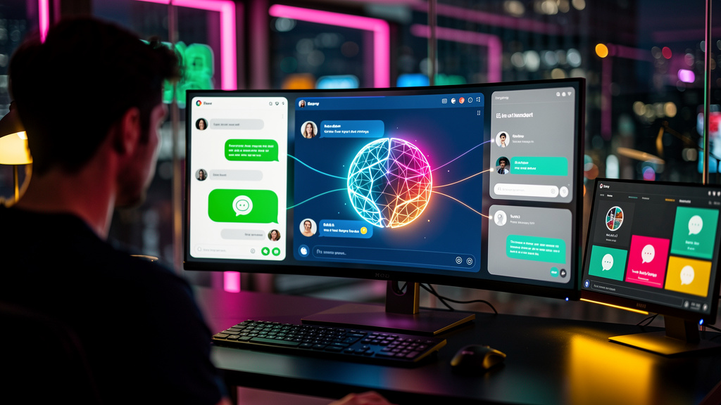 Chat de IA: O Guia Completo para Atendimento Omnichannel — Uma tela de computador mostrando diversas janelas de chat abertas, cada uma representando um canal de comunicação diferente (WhatsApp, Facebo