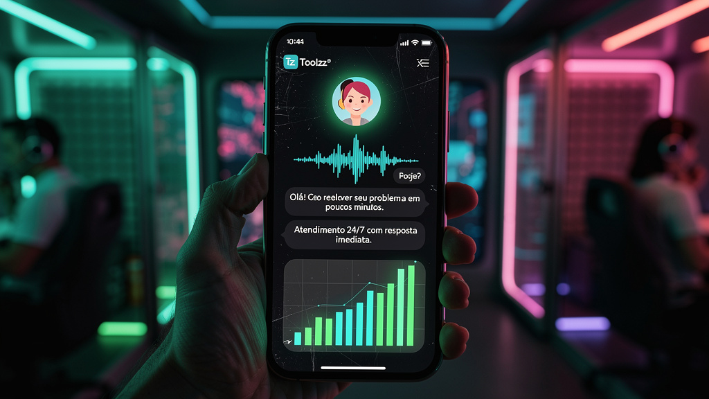 Chat de Voz com IA: O Futuro do Atendimento ao Cliente — Uma tela de smartphone exibindo uma conversa em tempo real com um agente de voz da Toolzz. A interface do aplicativo é limpa e intuitiva, com u