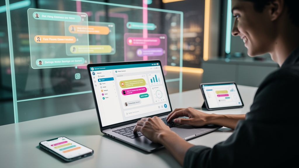 Chat do Produto: O Guia Completo para Atendimento Omnichannel — Ilustração digital minimalista mostrando um usuário interagindo com um software. O usuário está sorrindo e digitando em uma janela de ch