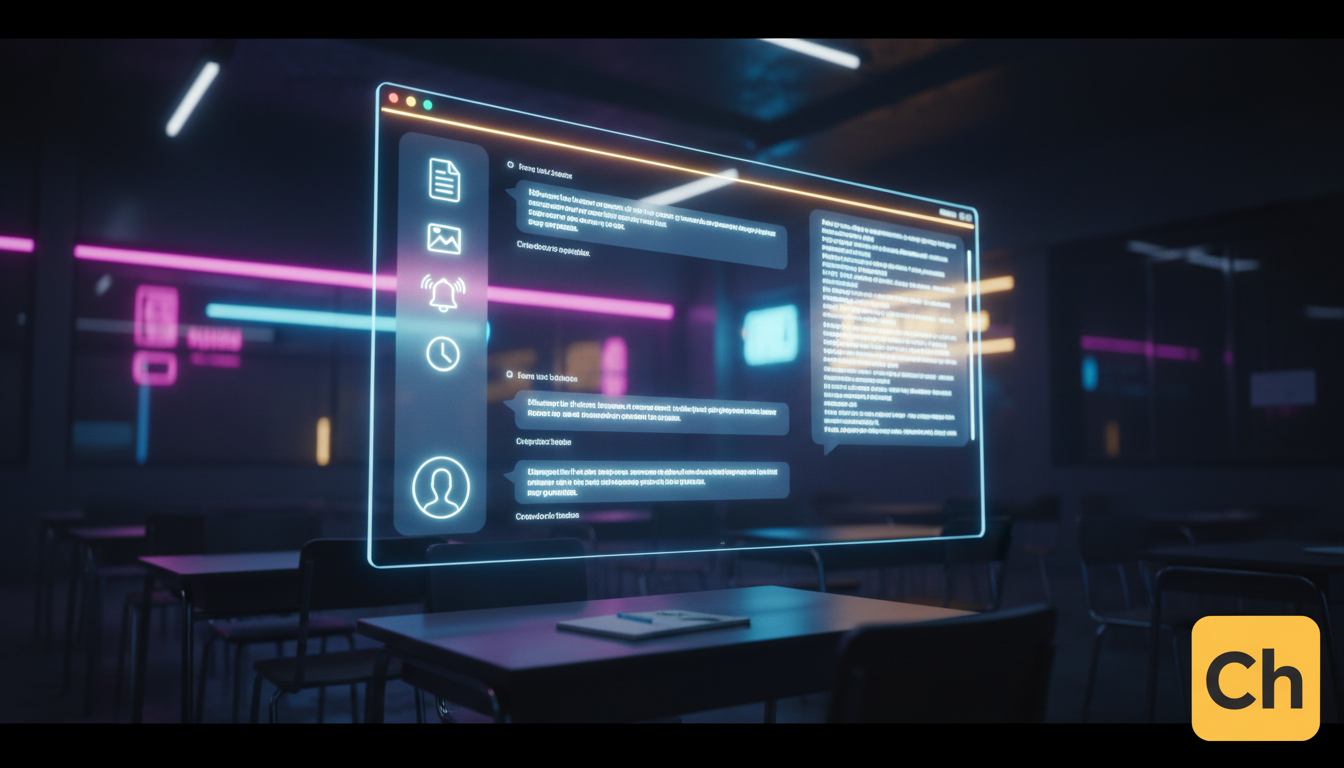 Chat em Tempo Real: O Guia Completo para EAD — Uma representação visual de uma interface de chat em tempo real moderna e minimalista, exibindo diversas funcionalidades como mensagens de texto, compart
