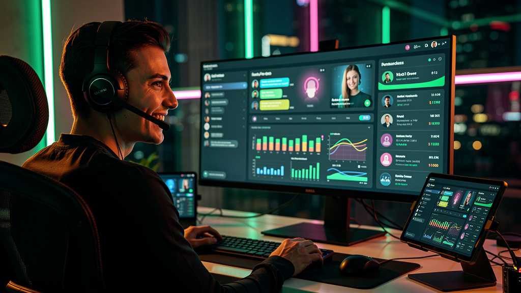 Chat Integrado ao CRM: Aumente Suas Vendas e a Satisfação do Cliente — Um agente de atendimento sorrindo e usando um headset, com a tela do computador mostrando um chat da Toolzz integrado ao CRM. Grá