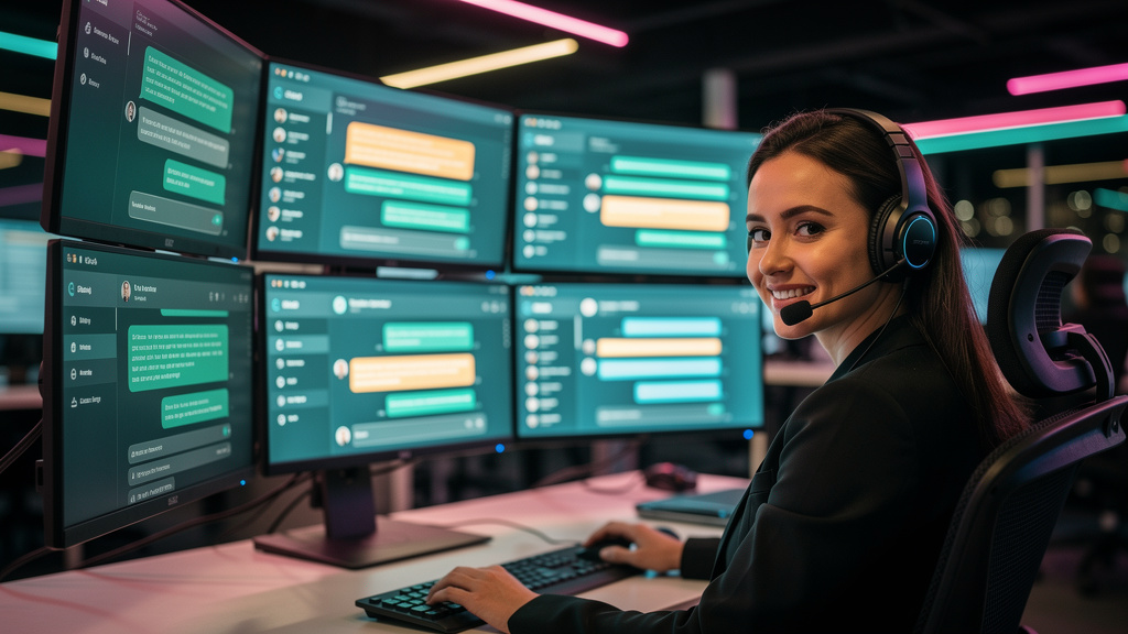 Chat Omnichannel: Guia Completo para o Atendimento Moderno — Um atendente de suporte ao cliente, usando um headset e um sorriso amigável, cercado por múltiplos monitores exibindo diferentes canais de 