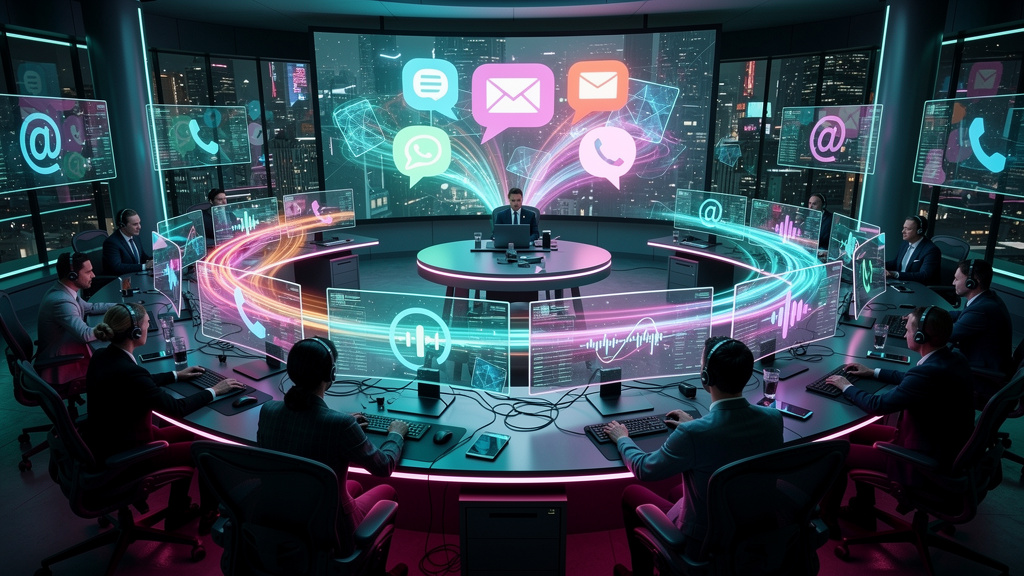 Chat Tools: Guia Completo para Central de Atendimento Omnichannel — Ilustração digital isométrica mostrando uma central de atendimento moderna e vibrante. Agentes diversos interagindo com telas que ex