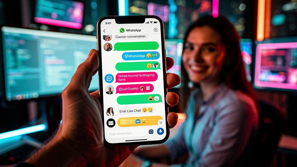 Chat ZZ: Domine o Atendimento Omnichannel e Maximize Resultados — Uma mão segurando um smartphone que exibe uma conversa unificada de um cliente, mostrando interações passadas via WhatsApp, e-mail e c