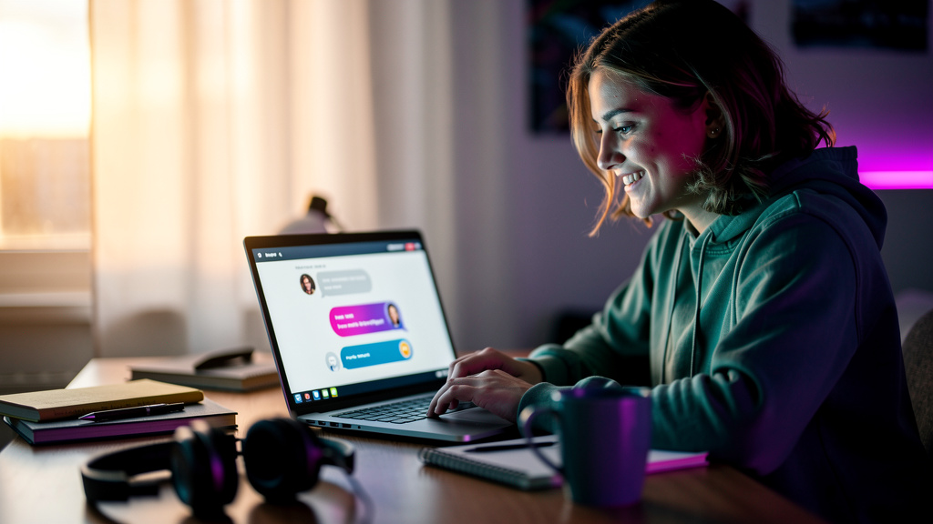 Chatbot de Suporte com IA: O Guia Completo para EAD — Close-up de um estudante sorrindo enquanto interage com um chatbot de suporte em seu laptop. O chatbot, representado por uma interface limpa e mod