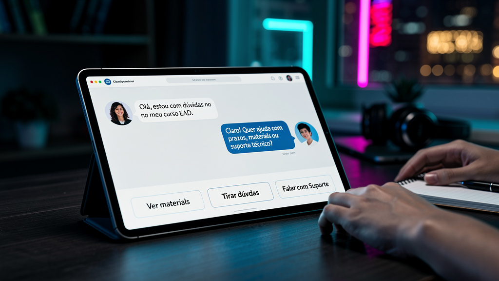Chatbot de Suporte com IA: O Guia Completo para EAD — Close-up de uma interface de chatbot de suporte com IA em um tablet, exibindo uma conversa amigável entre um aluno e o assistente virtual. A tela