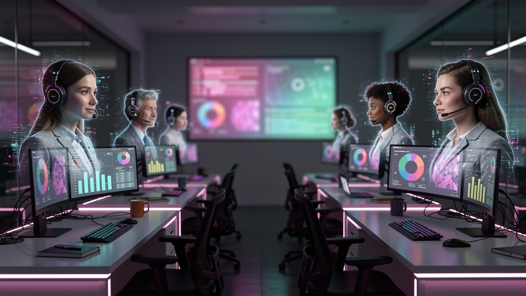 Chatbot de Voz com IA: O Futuro do Atendimento ao Cliente — Um call center movimentado, mas com uma diferença: em vez de pessoas, há vários avatares digitais flutuando acima das mesas, cada um com um 