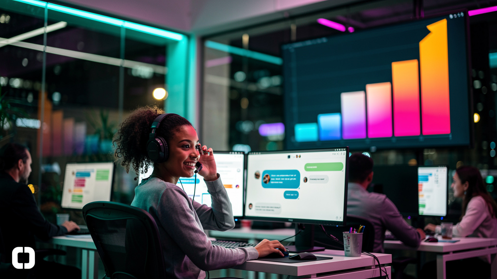 Chatbot Grátis no Instagram: Guia Completo para sua Empresa — Um escritório moderno e iluminado com uma equipe diversa trabalhando em computadores. Em uma tela grande no fundo, um gráfico de barras as