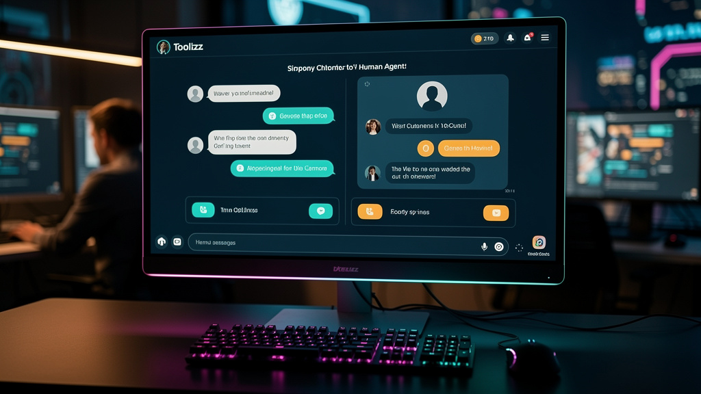 Chatbot, IA e Atendimento Humano em 2026: 7 Dados e Estatísticas — Um close-up de uma tela de computador mostrando a interface de um chatbot da Toolzz. A tela exibe uma conversa fluida entre um client
