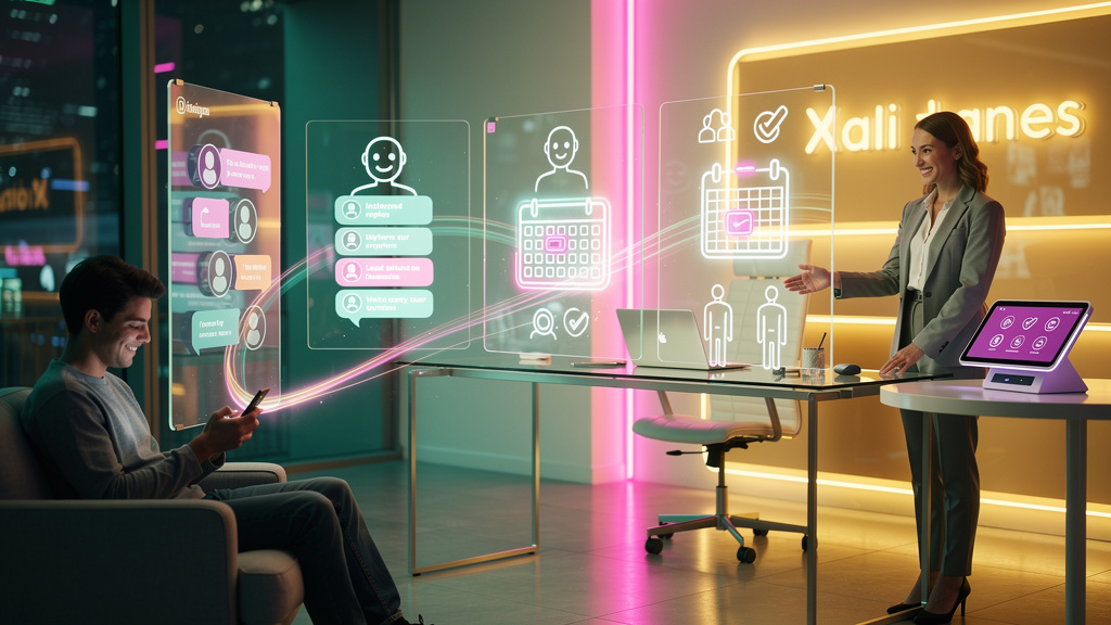 Chatbot Instagram DM Automática e Inovação: como se conectam — Um diagrama de fluxo visualmente atraente mostrando como um chatbot do Instagram automatiza o atendimento ao cliente para uma clínica. O 