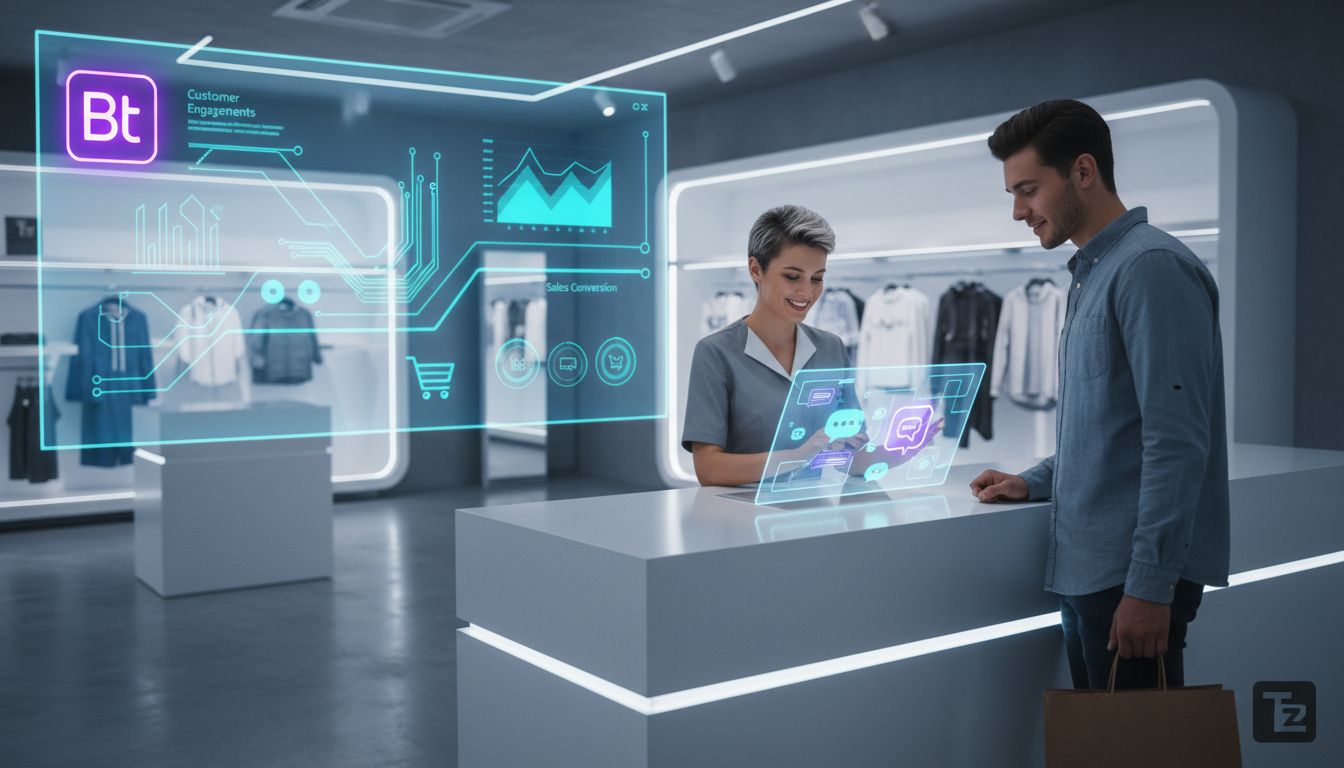 Chatbot Instagram DM é a solução para aumentar vendas em 2024 — Um balcão de atendimento moderno e minimalista em uma loja de roupas, onde uma atendente sorridente interage com um cliente através de u