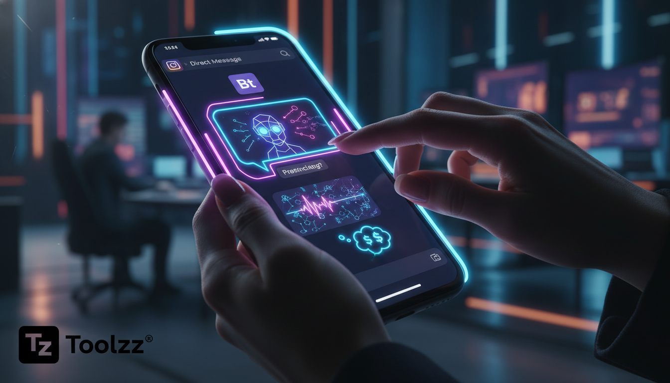 Chatbot Instagram DM e o futuro do trabalho — Close-up de dedos digitando rapidamente em um smartphone, com a tela exibindo uma conversa no Instagram DM. Um balão de mensagem se destaca, mostrando um 