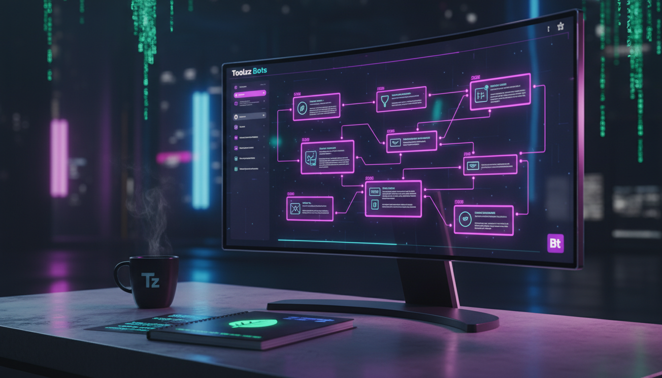 Chatbot Instagram DM e sustentabilidade: conexões importantes — Um close-up de uma tela de computador mostrando a interface de criação de um chatbot na plataforma Toolzz Bots. Vários blocos visuais re