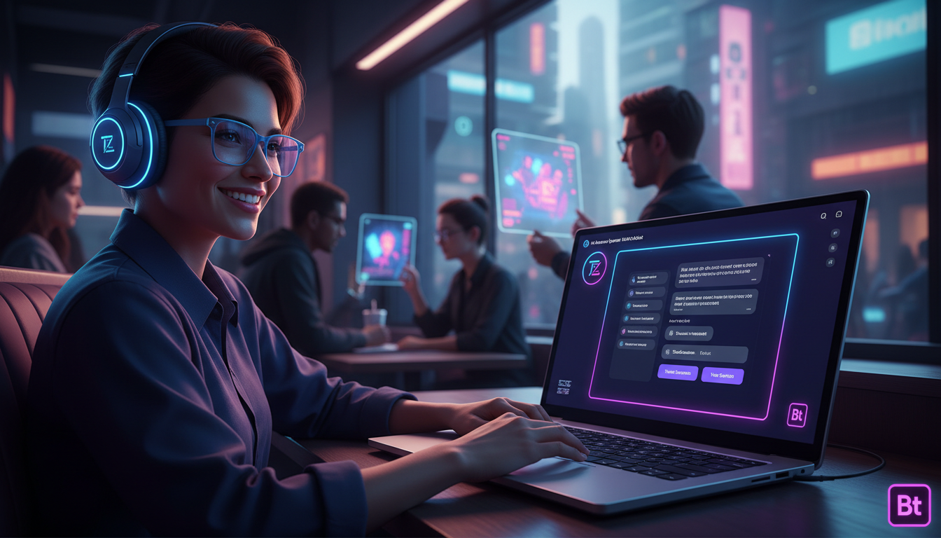 Chatbot Instagram DM: previsões de especialistas para 2026 — Uma pessoa sorrindo, usando óculos e fones de ouvido, interagindo com um chatbot de agendamento no Instagram DM em seu laptop. A tela do la