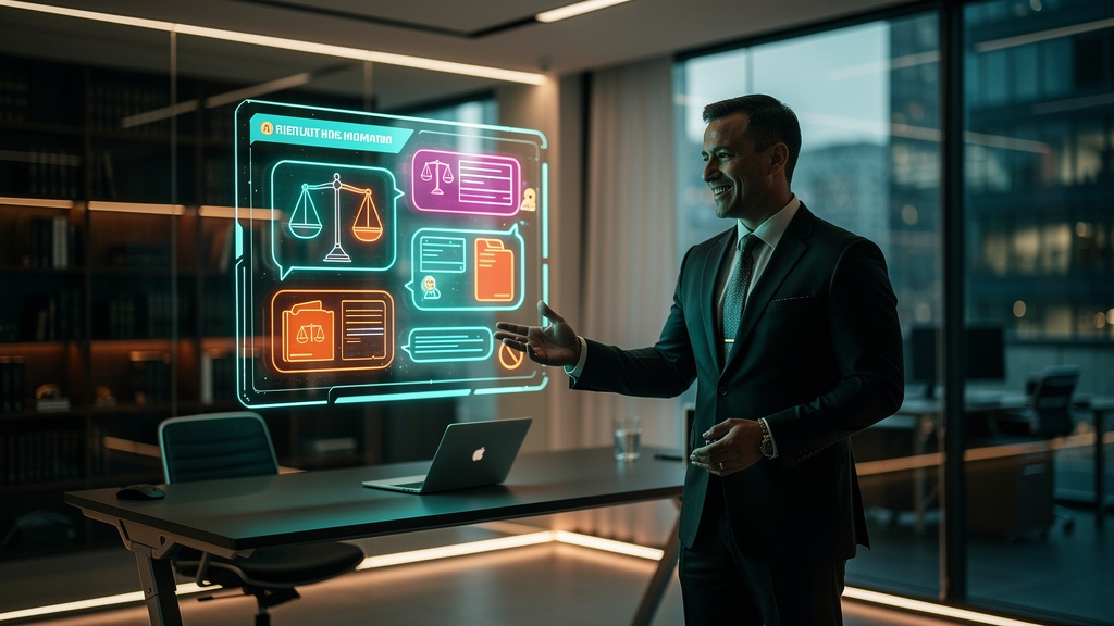 Chatbot Jurídico: O Guia Completo para Advogados e Escritórios — Ilustração digital minimalista de um advogado moderno, vestindo um terno elegante, interagindo com um chatbot jurídico projetado em uma