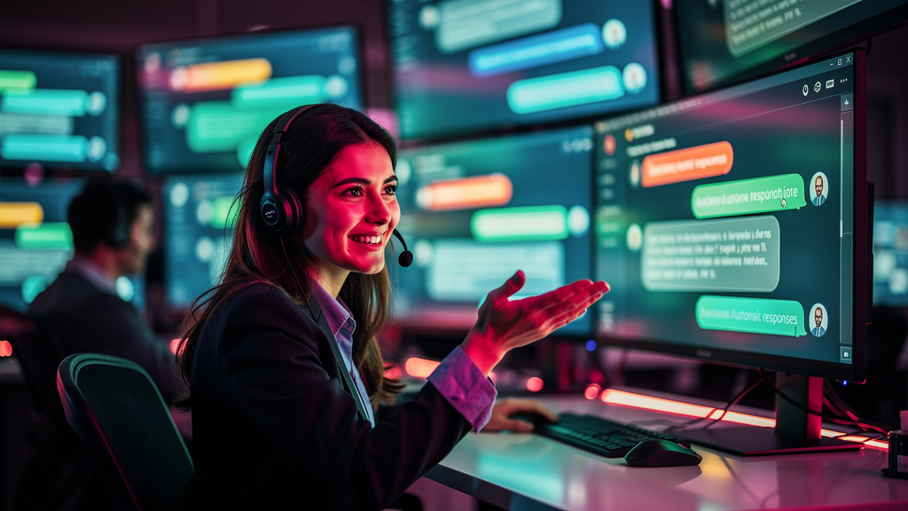 Chatbot para Agendamentos: Guia Completo — Um atendente de call center sorrindo e gesticulando positivamente, enquanto um chatbot responde automaticamente a várias mensagens de clientes em telas ao fu