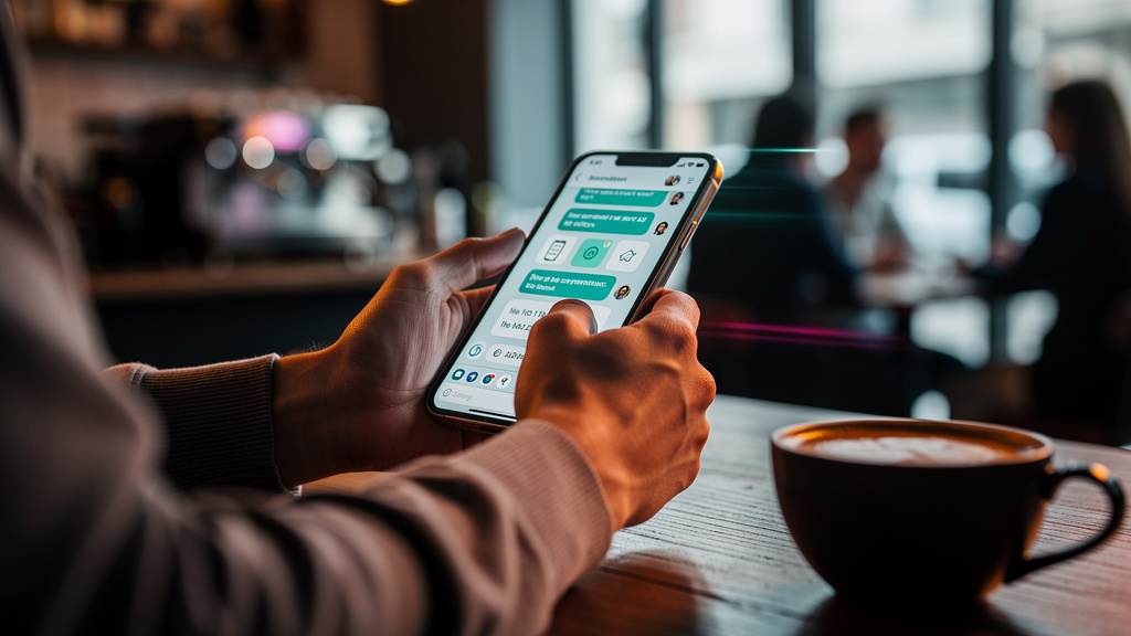 Chatbot para Agendamentos: Guia Completo para 2024 — Um close-up nas mãos de um cliente digitando em um smartphone. A tela do celular exibe uma conversa de chatbot onde o cliente está agendando um hor