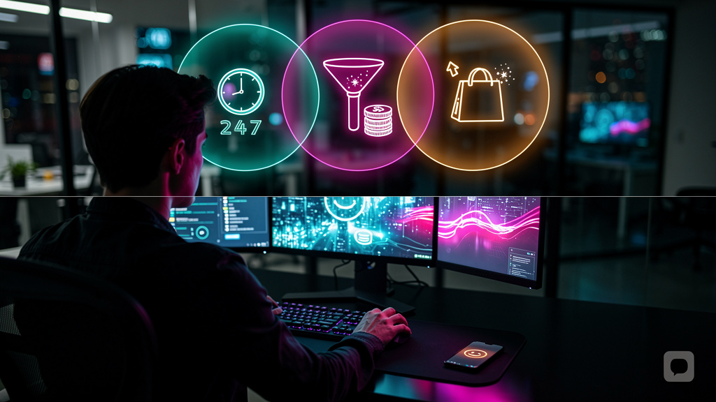 Chatbot para Site: Guia Completo para Atrair e Converter — Um diagrama de Venn em estilo infográfico, mostrando os benefícios de usar um chatbot para site. Os círculos se sobrepõem, destacando áreas c