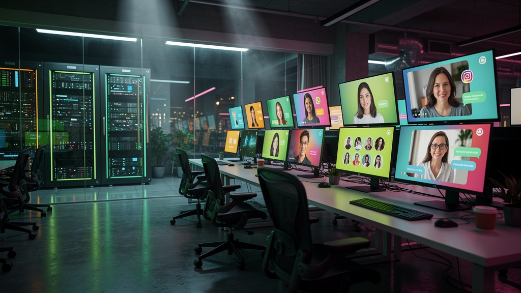 Chatbots: A Revolução do Atendimento no WhatsApp, Instagram e CRM — Um call center moderno, mas substituído por uma fileira de telas com avatares de chatbots conversando simultaneamente com diversos c