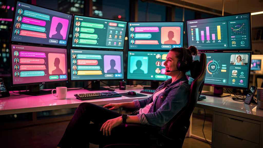 Chatbots, Atendimento ao Cliente e Automação de Conversas: O Guia Completo — Um agente de atendimento ao cliente sorrindo e relaxado, sentado em sua mesa, enquanto um chatbot responde prontamente a vá