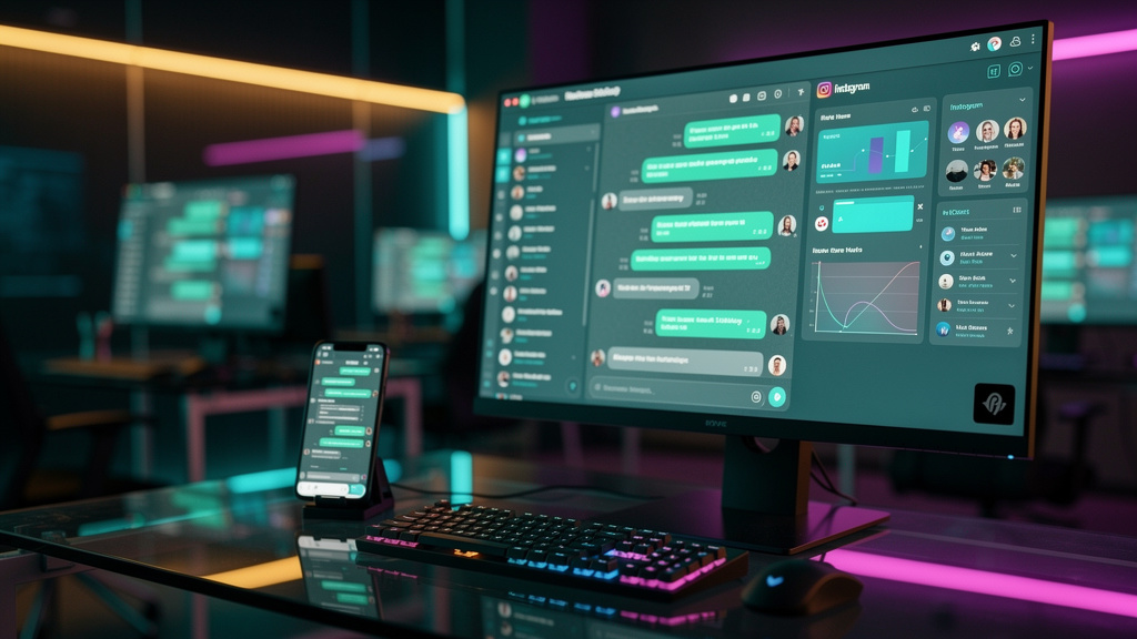 Chatbots e Atendimento ao Cliente: Automação com WhatsApp, Instagram e CRM — Uma tela de computador exibindo uma conversa de chatbot no WhatsApp. O chatbot responde instantaneamente a várias perguntas